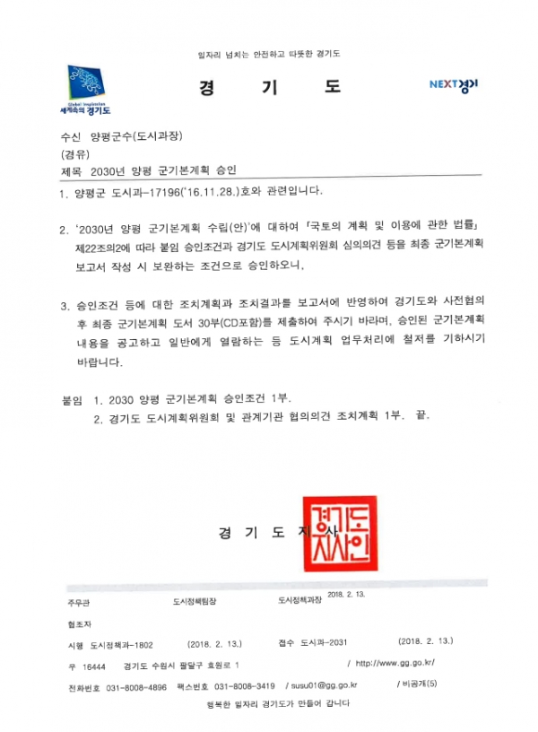 2030 양평군 기본계획에 대한 경기도 승인 공문 /국토교통부
